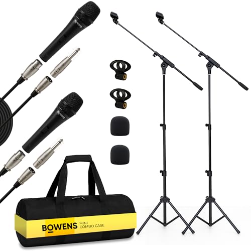 Bowens 2-Pack Professional XLR Microphone Bundle with Mic Stand – Handheld Microphone for Singing, Karaoke & Stage Use – Includes Cables, Accessories & Carry Case