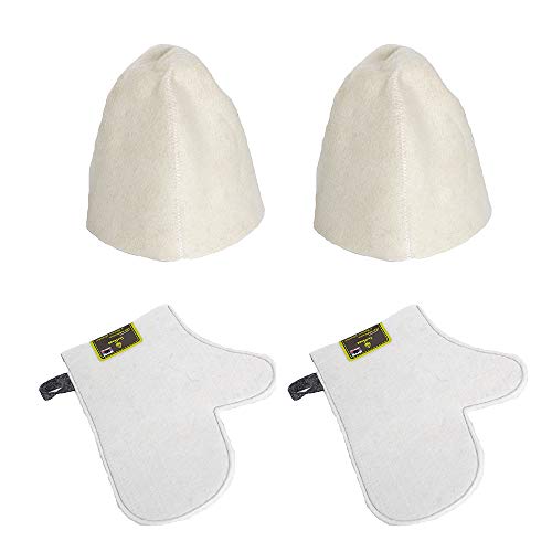 Surtido para sauna o Bania ruso – 2 guantes para sauna – 2 gorros de protección de fieltro blanco – Talla única Color blanco – fieltro