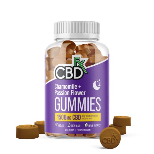 CBDfx 1500mg CBD High Strength Vegan Sleep Gummies, 10mg Chamomile / 10mg Passionflower / 10mg Lemon Balm /25mg CBD per Gummy 60x Bottle (30 Days)