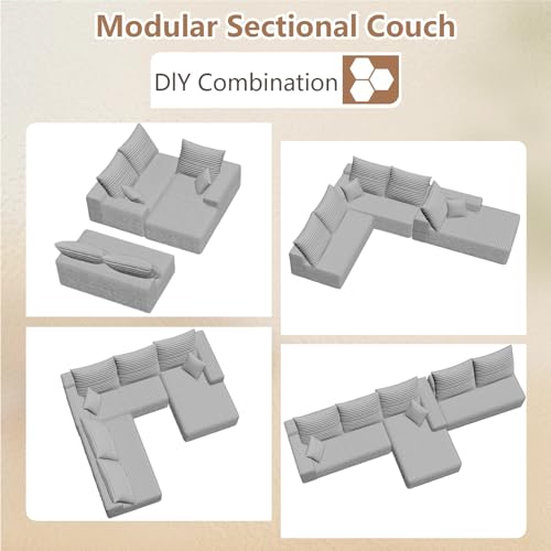Image of Oversized Modular Sectional Sofa Couch, Large 5 Seater Corner Sofa Modern L Shaped Sectional Couch Cloud Couches for Living Room, Office, Spacious Space, Corduroy, No Assembly Required, Light Grey