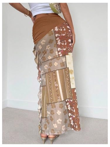 Verdusa Women's Boho Floral Patchwork Ruched Bodycon Skirt Hippie Thigh Slit Ruffle Long Skirts2