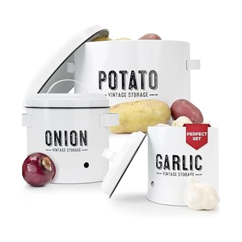 Granrosi Farmhouse Potato and Onion Storage Bin - Set of 3 Incl. Potato Bin, Onion Keeper & Garlic Storage Container; Kitchen Vegetable Set for Pantry & Countertop Cover