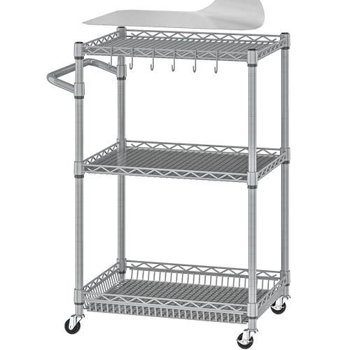 Image of Folews Metal Rolling Cart, 3 Tier Kitchen Cart with Wheels Wire Utility Trolley with Handle, Heavy Duty Tiered Rolling Shelf Trolley for Food Serving Tools Storage, Gray