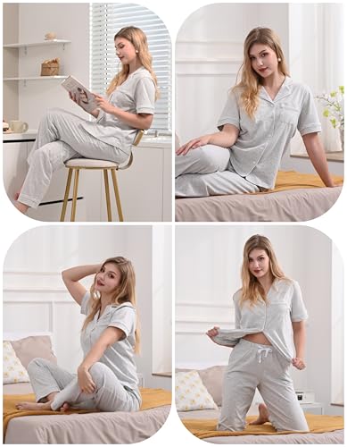Image of NAP BOUND 100% Cotton Women's Pajama Sets Short Sleeve Button Down Soft Pjs 2 Piece Lounge Set with Pocket Nightwear XS-XXL