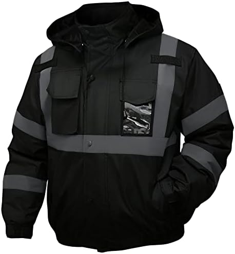 DPSAFETY safety jacket for men, Reflective high Visibility Hooded jacket, Hi-Vis Bomber Jacket with Pockets and Zipper, waterproof, Black Bottom, ANSI/ISEA 107-2020 Type R Class 3