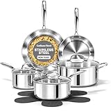 Gotham Steel 10 Pcs Tri Ply Stainless Steel Cookware Set, Pots and Pans Set with Induction Bottom, Made Without PTFE PFOA PFOS, Metal Utensil Safe, Oven and Dishwasher Safe