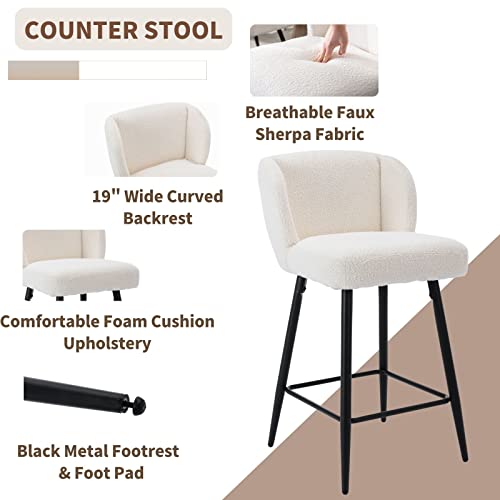 Modern Counter Height Bar Stools Set Of 2, 26 Inch Faux Sherpa Upholstered Bar Stools With Back, 18" Seat Wide Island Stools With Black Metal Frame For Kitchen Counter/Breakfast Bar/Restaurant, White #TOP3