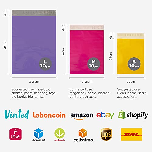 Kunststoffumschläge, farbige Versandtaschen, Vinted-Pakete für Kleidung, Buch, Schuhbox, Versandtaschen (32 x 45 cm, 25 x 35 cm, 20 x 30 cm, Violett, Rosa, Gelb, 30 Stück)