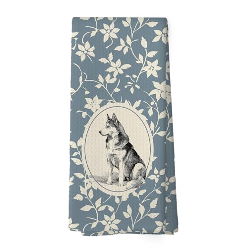 XPH Blue Floral Siberian Husky Kitchen Dish Towels, Siberian Husky Gifts for Women, Dog Lovers Mom Gifts, Vintage Blue Floral Golden Doodle Hand Towel Kitchen Tea Towels Decorations, 16x24inch