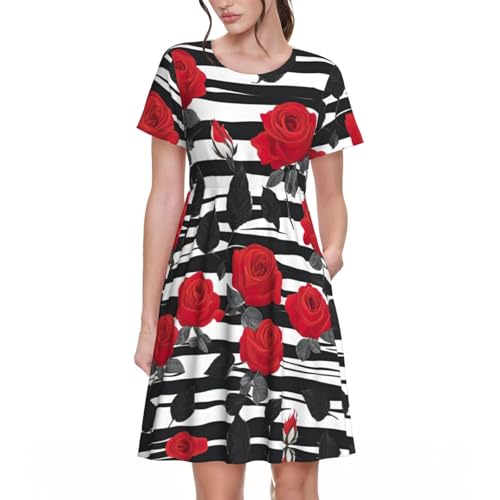 black and white dress with red Women's Crisp Contrast Black & White Stripe Strapless Midi Dress | Size: L