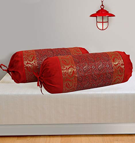 Dk Homewares Ethnic Jacquard Brocade Silk Bolster Yoga Pillow Cover Cylindrical Hotdog Red Tubular Massand Living Room Decorative Paisley Traditional Throw Pillowcase 76X38 Cm - Set Of 2 Pcs #TOP1