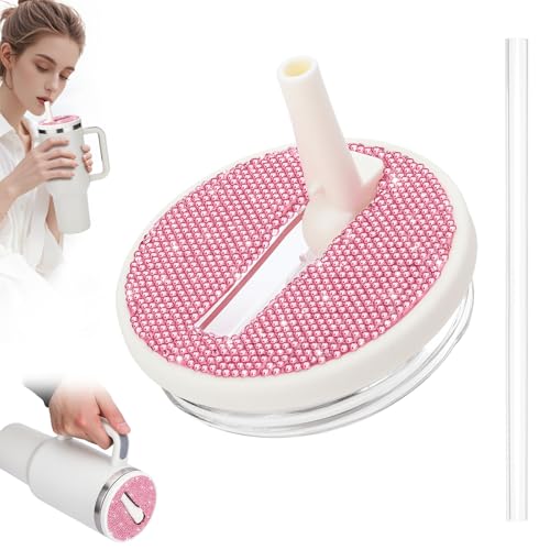 SAVORI 30 oz Tumbler Flip Straw Lid Replacement fit for Stanley Quencher H2.0, Rhinestone 30 oz Leak Proof Lid for Stanley Tumber, Non Spill Lids for Stanley Cup (Cream-Pink Rhinestone, 30 oz)