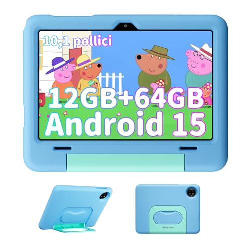 Blackview Tablet Bambini 10 Pollici, Android Tablet per Bambini 3 a 12 Anni, 12GB RAM + 64GB ROM/2TB TF, Controllo Genitori, Gemini AI 2.0, 8MP + 5MP, Face ID, 6600mAh/Widevine L1/WiFi/GMS/GPS/BT 5.0