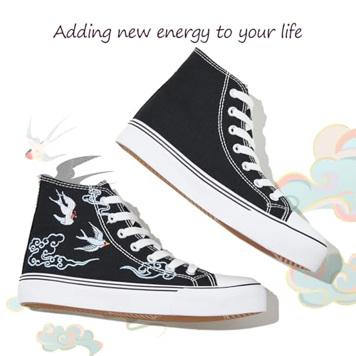 Image of kufeiti Women's High Top Canvas Sneakers Casual Walking Shoes | embroidered,breathable canvas upper,lace up high top,non slip,easy match