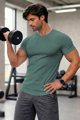 Image of JMIERR Mens Short Sleeve T Shirt Summer Muscle Slim Fitted Crewneck Longline Tees Shirts for Gym Workout