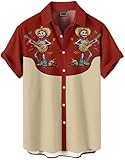 DADDYLOCO Day of Dead Skeleton Mariachi Guitar Player Button Down Shirt, Beige and Red, Short Sleeve