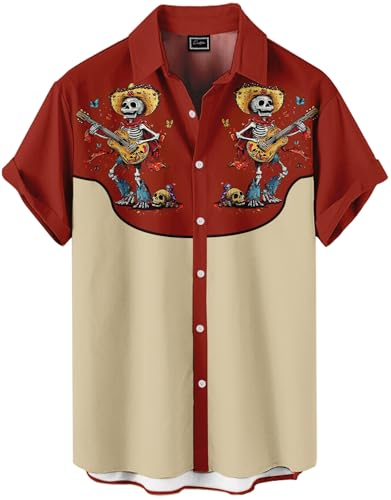 DADDYLOCO Day of Dead Skeleton Mariachi Guitar Player Button Down Shirt, Beige and Red, Short Sleeve