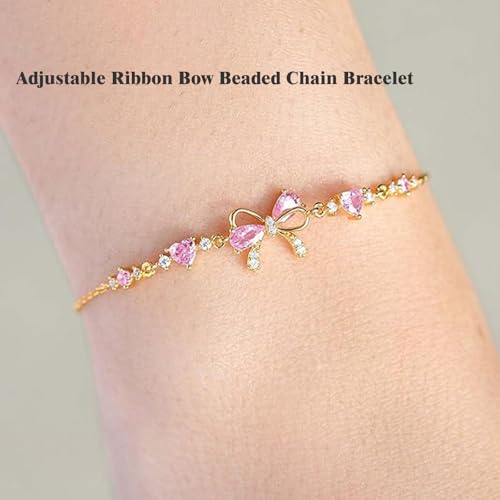 Bow Zircon Bracelet - Friendship is Like a Bow,Adjustable Ribbon Bow Beaded Chain Bracelet,Love Knot Pink Zircon Friendship Bracelets,Women Trendy Bracelet Gift for Her2