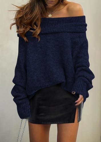 PRETTYGARDEN Women's Off The Shoulder Sweater Long Sleeve Tops 2025 Fall Loose Knit Pullover Sweaters Winter Clothes