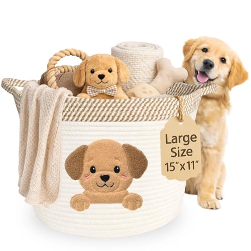 Golden Retriever/Labrador Dog Toy Basket, 15x11 Inch Woven Cotton Rope Storage Bin with Puppy Patch,...