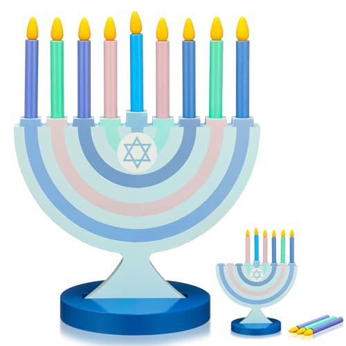 Beeveer Hanukkah Menorah Wooden Chanukah candleholders with Removable Candles 9 Pcs Traditional Candles Menorah Hanukkah Candleholder for Jewish Gifts Decorations Party Favor(Blue)(Pastel)