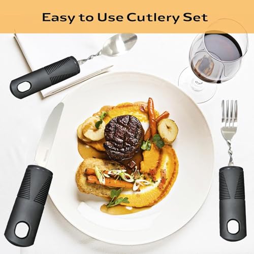 Besteck-Set für Parkinson, Senioren & Behinderte – Ergonomisches Essbesteck mit gebogenem, verdicktem Griff, flexibel & rutschfest, inkl. Löffel, Messer, Gabel