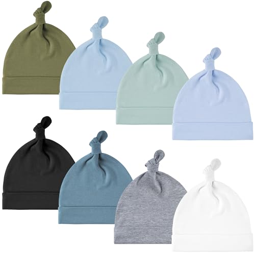 Image of Yoofoss 8 Pack Baby Hats 0-6 Months 100% Cotton Knot Newborn Hats for Boys Girls Beanie Set Soft Infant Beanie Caps Blue