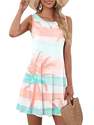 MOLERANI Women's Casual Swing Simple T-Shirt Loose Dress, Striped Coconut Tree, 2XL