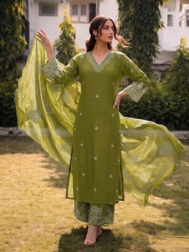 Image of SHIENZY Women's Embroidered Kurta Pant Set with Dupatta | Straight Kurta Set for Women | Ethnic Kurta Set for Women, Traditional Indian Kurta Pant Dupatta Set