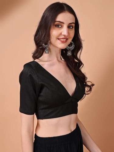 Image of Womanista Women's Dupion Silk Half Sleeve Solid V Neck Readymade Saree Blouse Stylish