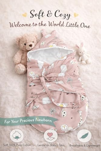 Image of VoiDrop Baby Swaddle Wrap for Newborn 0 to 9 Months, Baby Sleeping Bag for new Born with Hood, Cotton Swaddle for All Season (Animal Print-Pink)