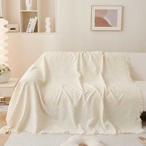 LHGOGO Sofaüberwurf Decke mit Fransen - 180x300cm Doppelseitig Überwurf Sofa 3 Sitzer Gewebtes Muster Decke als Couch Überwurf, Sofa Überzug, Sofadecke - Creme