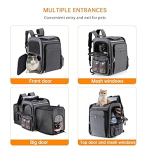   Pet-Travel-Carrier-Backpack-Soft-Sided-Breathable-Mesh-Cat-Carrier-Backpack-for-catDogsPuppies-Up-to-20-LbsDual-Side-Expandable-to-17-x-135-x-36-inches-Grey-Black-Mesh