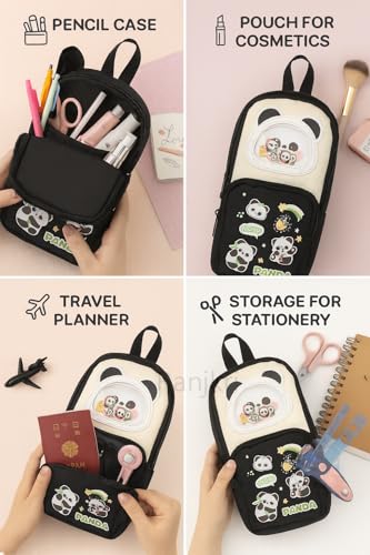 Image of Cute Pencil Pouch for Kids | Large Capacity Pencil Case for School & Tuition | Multi-Compartment Stationery Organizer with Mesh Pocket & Smooth Zippers | Black