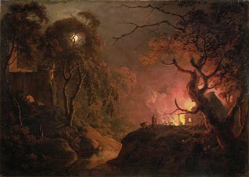 Tableaux Toile un cottage en feu la nuit Wright of Derby Déco Murale 60x90cm