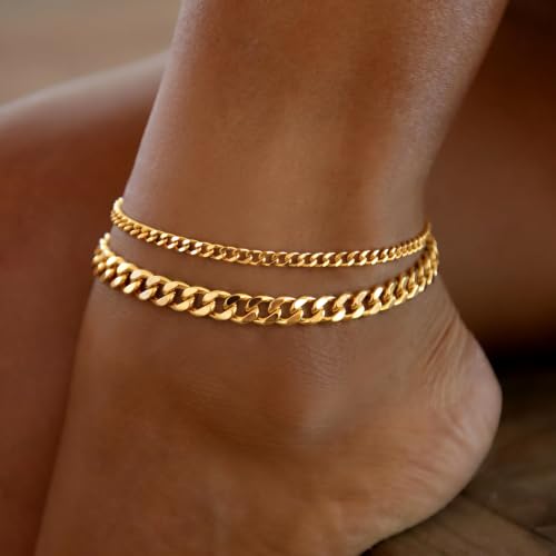 Image of DEARMAY Gold Ankle Bracelets for Women Waterproof, Non Tarnish 14K Gold Plated Beaded Link Chain Anklets, Layered Summer Beach Jewelry Gifts, Dainty Bikini Outfits for Vacation