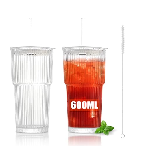 Gigmeta 2 Stück 600ML Gerippte Glasbecher Mit Deckel, Eiskaffee Gläser, Smoothie Becher, Mit Wiederverwendbaren Strohhalm und Strohhalm Bürsten Perfekt für Eiskaffee, Tee, Smoothies, Saft