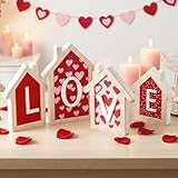 LXDNBGO Valentines Day Decorations - 4 Pack 3D Design Wooden House Shape Sign, Valentines Day Table Decor, Valentine's Day Decorations for Home Office Tiered Tray Mantel Shelf