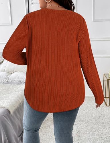 Image of Koscacy Women Plus Size Casual Knit Sweater V Neck Solid Color Tops Lightweight Long Sleeve Blouses