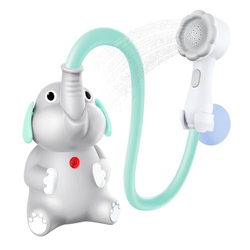 Image of Baby Bath Shower Head for Kids Ages 1-3 Essentials, EDCREATY Rechargeable Cute Elephant Sprays Bathtub Toys with Rubber Hose Spout for 0 6 12 18 Months Babies Toddlers Infants Boys and Girls(Cyan)
