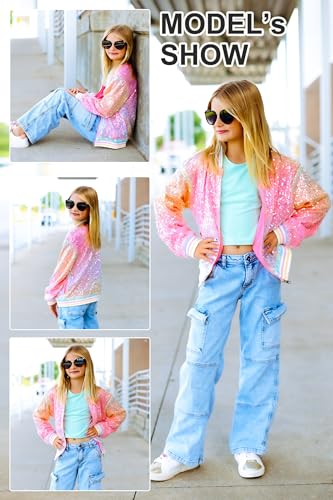 Image of LOLANTA Girls Sequin Jacket, Long Sleeve Kids Bomber Coats with Pockets, Spring Fall Outfits for 4-15 Years