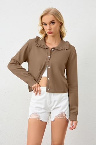 Women's Long Sleeve Cropped Sweaters Cardigan Button Down Ruffle Collar Lapel Knitted Blouse Fall Winter Outwear3