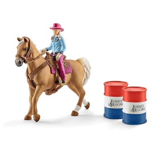 SCHLEICH FARM WORLD 41417 Bauernhof Rodeo Spielset mit 2 Fässern, 6-Teiliges Tiere Set mit Cowgirl, Pferd und Zubehör, Realistisches Western Rodeo Bauernhof Spielzeug für Kinder