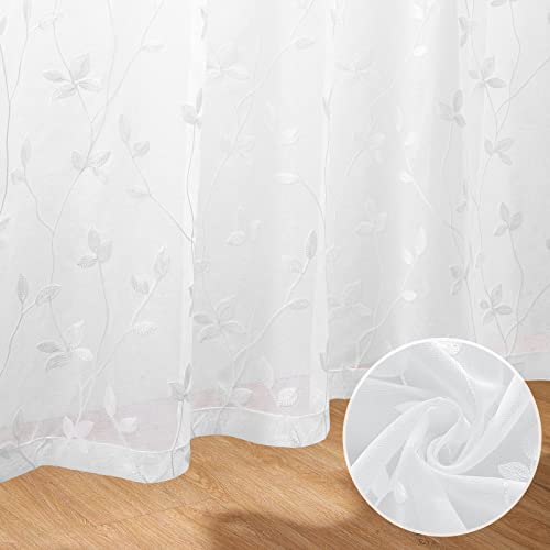 Homeideas White Sheer Curtains 52 X 63 Inches Length 2 Panels Embroidered Vine Floral Pattern Pocket Faux Linen Semi Sheer Voile Window Curtains/Drapes For Bedroom Living Room #TOP2