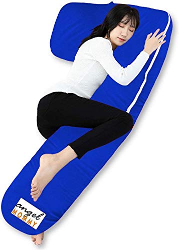Angel Mommy Pregnancy Body Pillow with Cotton Zippered Cover, L Shaped Full Body Pillow for Pregnant Women (Navy Blue)