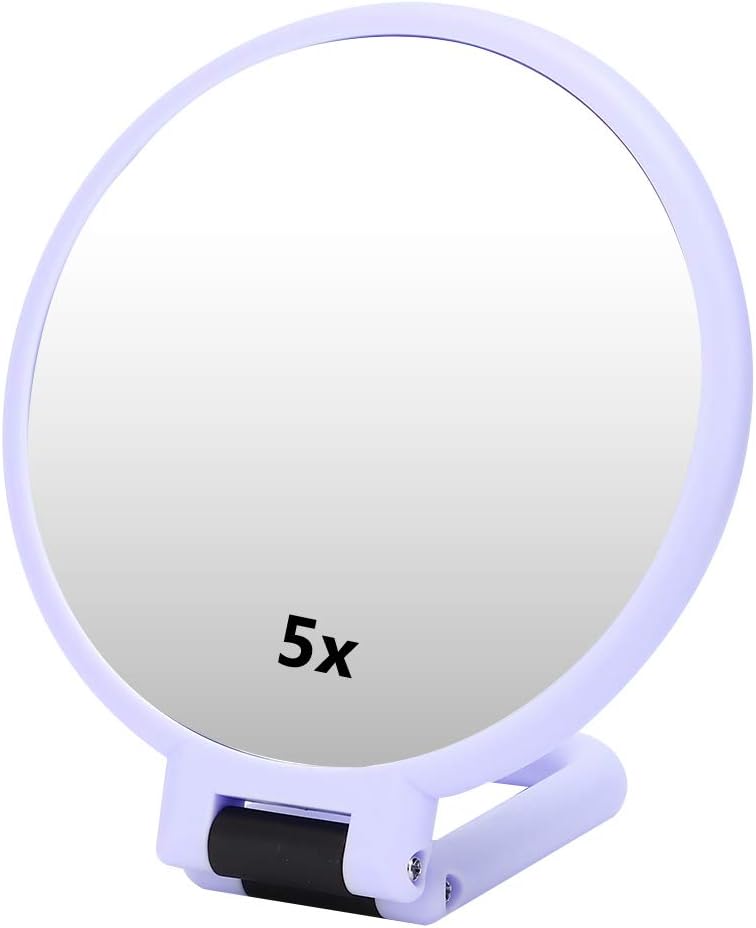 Dioche 5X Magnifying Folding Makeup Mirror, Double Sided Handheld Vanity Mirror, Portable Adjustable Cosmetic Mirror for Desk or Travel, Compact Tabletop Beauty Mirror for Makeup, Home & Purse Use