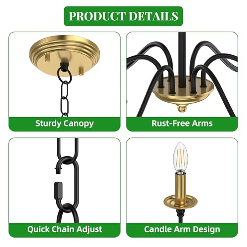 Image of Phaosio Rustic Farmhouse Candle Chandelier for Dining Room, 6-Light Rustic Black Iron Light Fixture with Classic S-Arm Design for Kitchen Island, Living Room, Foyer-Black and Gold