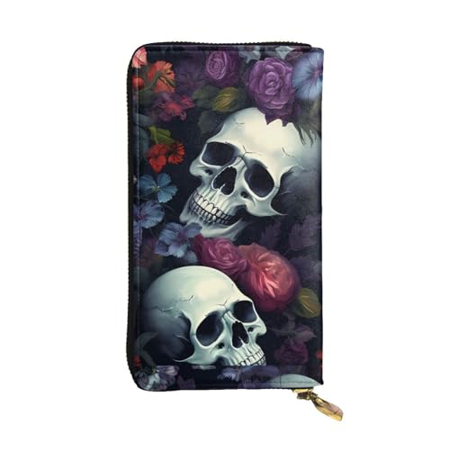 Horrible Dark Skulls Flowers Pattern Picture Leather Long Clutch Wallet for Fashionable Girls and Women - Durable, Stylish, and Functional, Black, One Size - Main Image