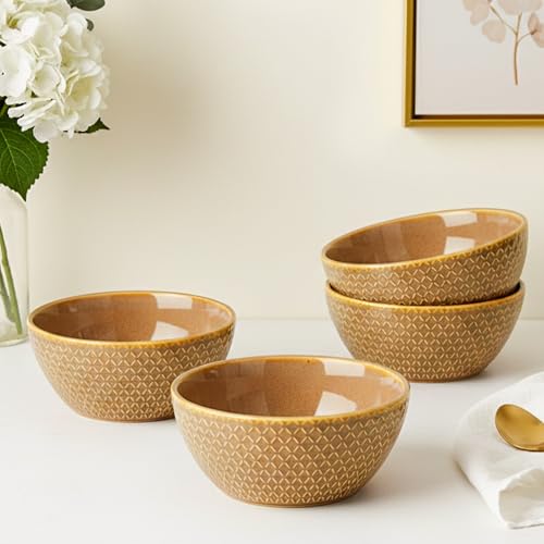 Image of The Earth Store Caramel Embossed Ceramic Bowl Set of 4 - 500ML Each | Ceramic Mixing Bowls for Snacks, More | Rice, Dal, Fruits, Salad | Microwave Safe Bowl Set | Perfect for Gifting & Daily Use