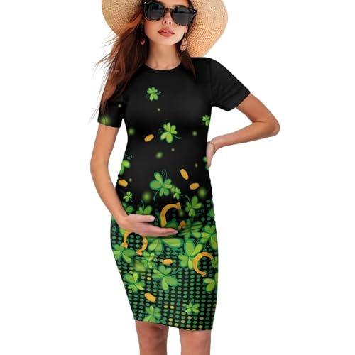 Xuxugorta Women's Fashion Short Sleeve Maternity Dress Lucky Leaf Horseshoe Print Ruched Pregnancy Clothes
